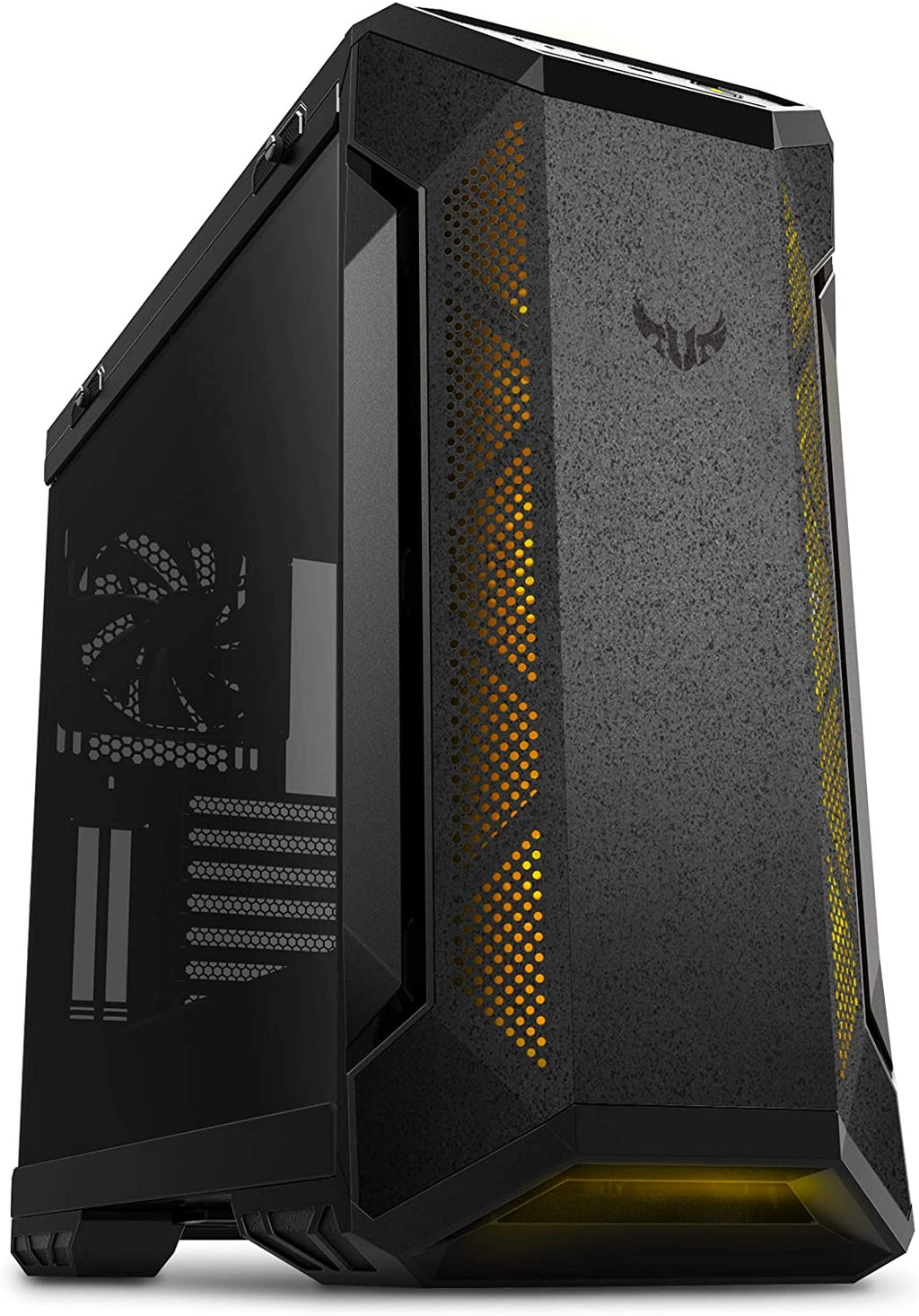 ASUS TUF Gaming GT501 mid-tower gaming case with smoked tempered glass, steel build, four pre-installed fans, and front USB 3.0 port.