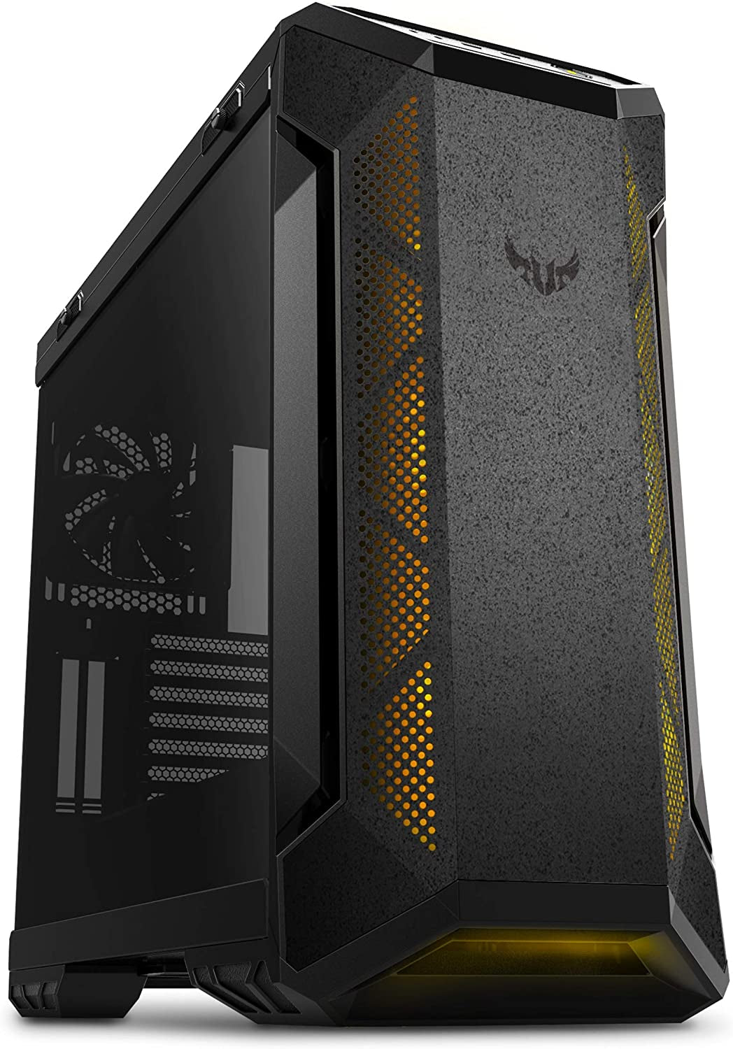 ASUS TUF Gaming GT501 mid-tower gaming case with smoked tempered glass, steel build, four pre-installed fans, and front USB 3.0 port.